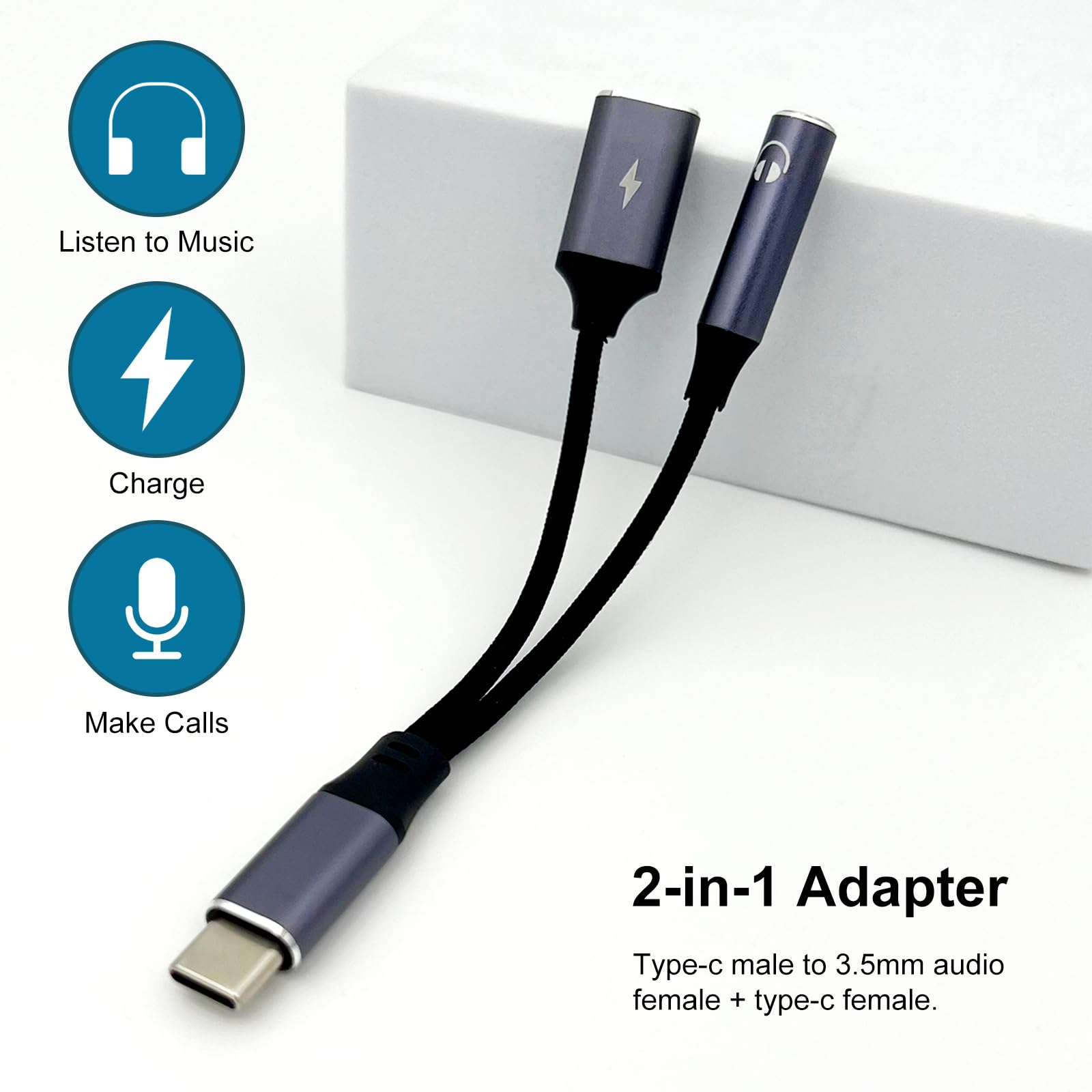 Adattatore di ricarica 2 in 1 da USB-C a audio e PD da 3,5 mm – Cavo dongle per ricarica rapida e jack per cuffie per dispositivi USB di tipo C (2 porte)