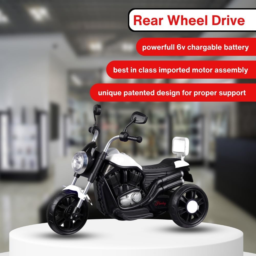 SHAKYA WORLD 3 Wheel Harley Bike Rechargeable Battery Operated Ride On Bike for Kids, 1 to 4 Years with Foot Accelerator (White) 3