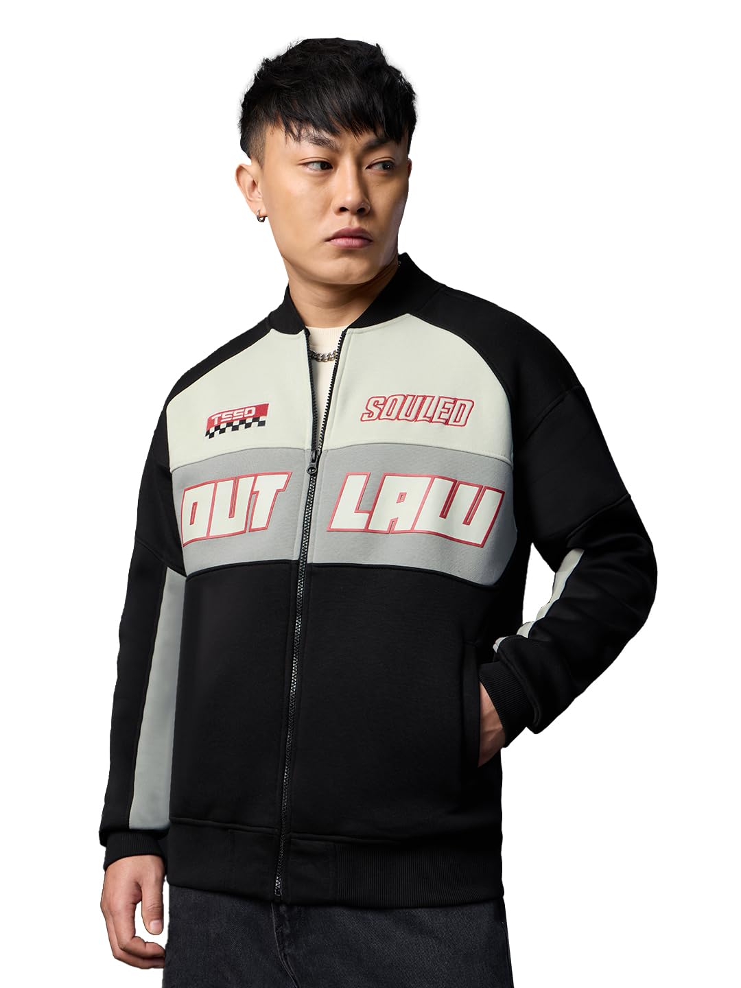 the souled store Varsity Jacket: Outlaw Men and Boys Full Sleeves Spread Collar Black Typography Printed Cotton Polyester Oversized Fit Premium Heavy Gauge Winter Jacket-picture-46