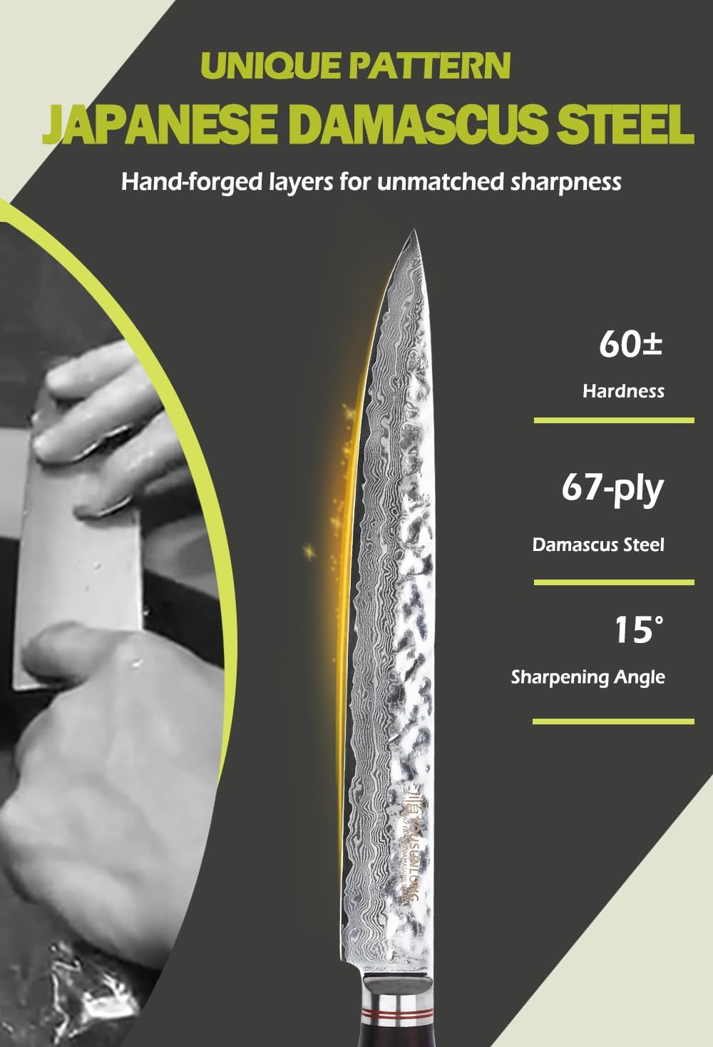 YOUSUNLONG Fillet Knives 10 inch Sashimi Knife Pro Yanagi Knife Japanese Hammered Damascus Natural Ebony Wood Handle with Leather Sheath - Image 2