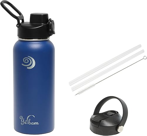 Botella de agua aislada de acero inoxidable de 32 onzas, tapa de pico abierta de un solo toque y tapa de popote cubierta, boca ancha, bebida