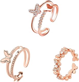 3Pcs Cute Butterfly Rings For Women, Dainty Crystal Butterfly Rings Set Adjustable Crystal Butterfly Knuckle Ring Double Butterfly Ring