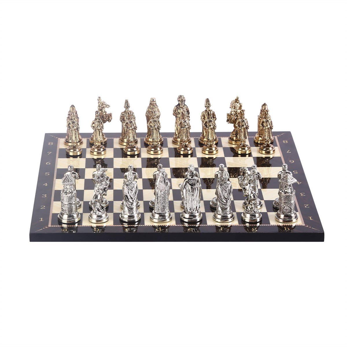 GiftHome Büyük Boy Metal Osmanlı Bizans Satranç Takımı Parlak ve Ceviz Desenli MDF Ahşap Satranç Tahtası (37x37 cm.)