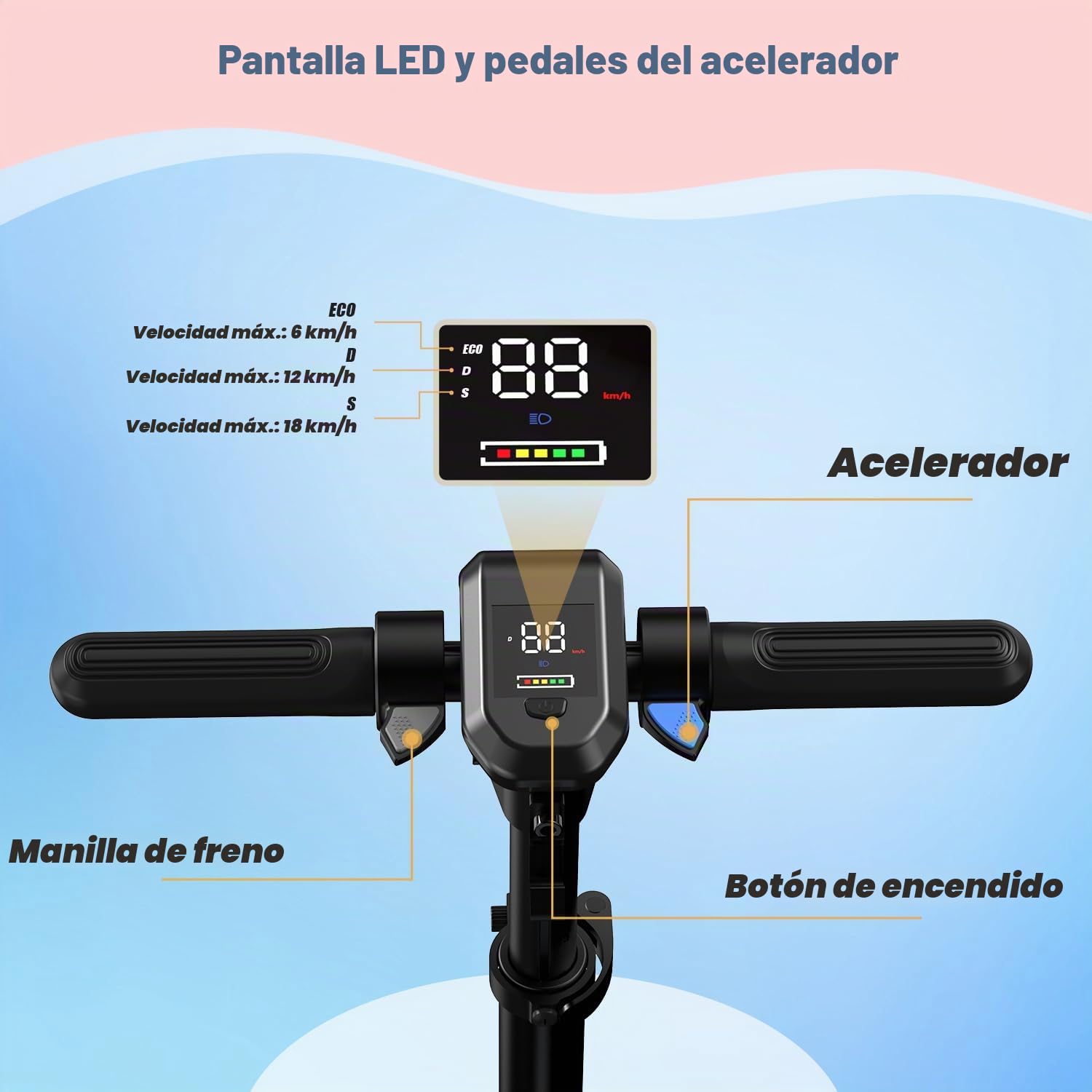 RCB R12 Pro Patinete Eléctrico Niños para 6-12 años, hasta 18km/h y 15km, 3-Altura Ajustable, 7" Plegable Patinete Eléctrico,Luces de Arco Iris,Pantalla LED, Regalos para Niños