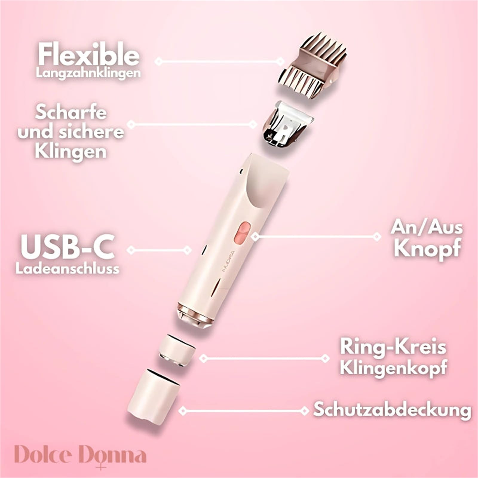 dolce donna Intimrasierer 2-in-1 Damen Elektrorasierer mit Doppelkopf, USB-C Aufladung, wasserdicht, ideal für Gesicht, Beine und Arme, leicht zu reinigen