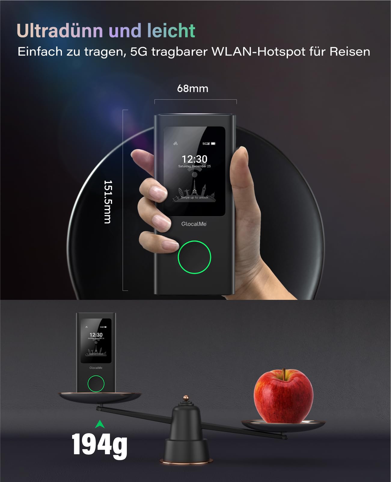 GlocalMe Numen Air Mobiler WLAN Router 5G, Keine SIM-Karte nötig, 5G LTE Hotspot mit 30GB europäischem Datenpaket, Unterstützt 16 Geräte gleichzeitig, 5400 mAh Akku, Reise- oder Heim-WLAN-Hotspot