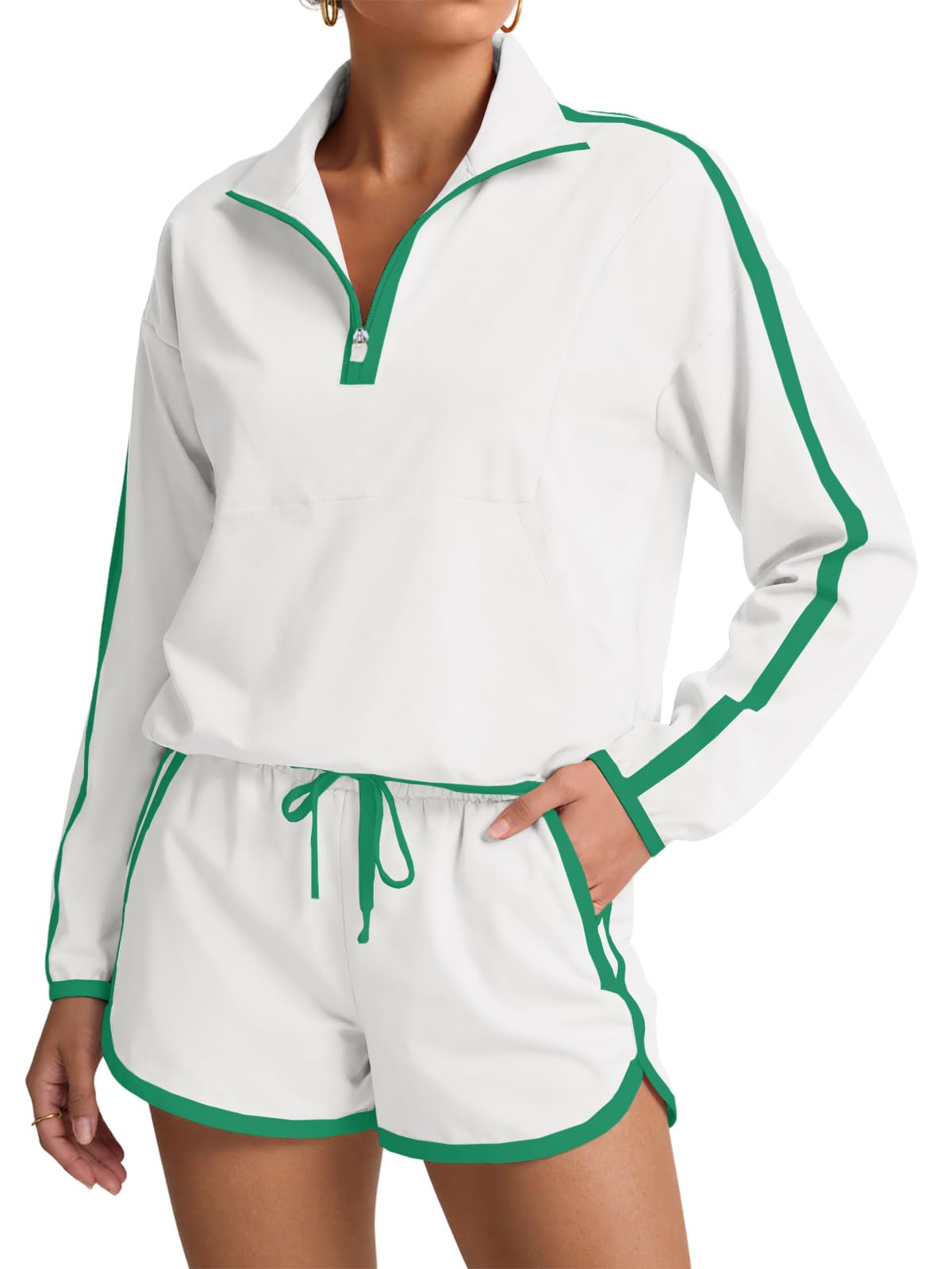 Fisoew Womens 2 Piece Outfits Sets Zip V Neck Long Sleeve Pullover Tops Shorts Casual Tennis Running Tracksuits