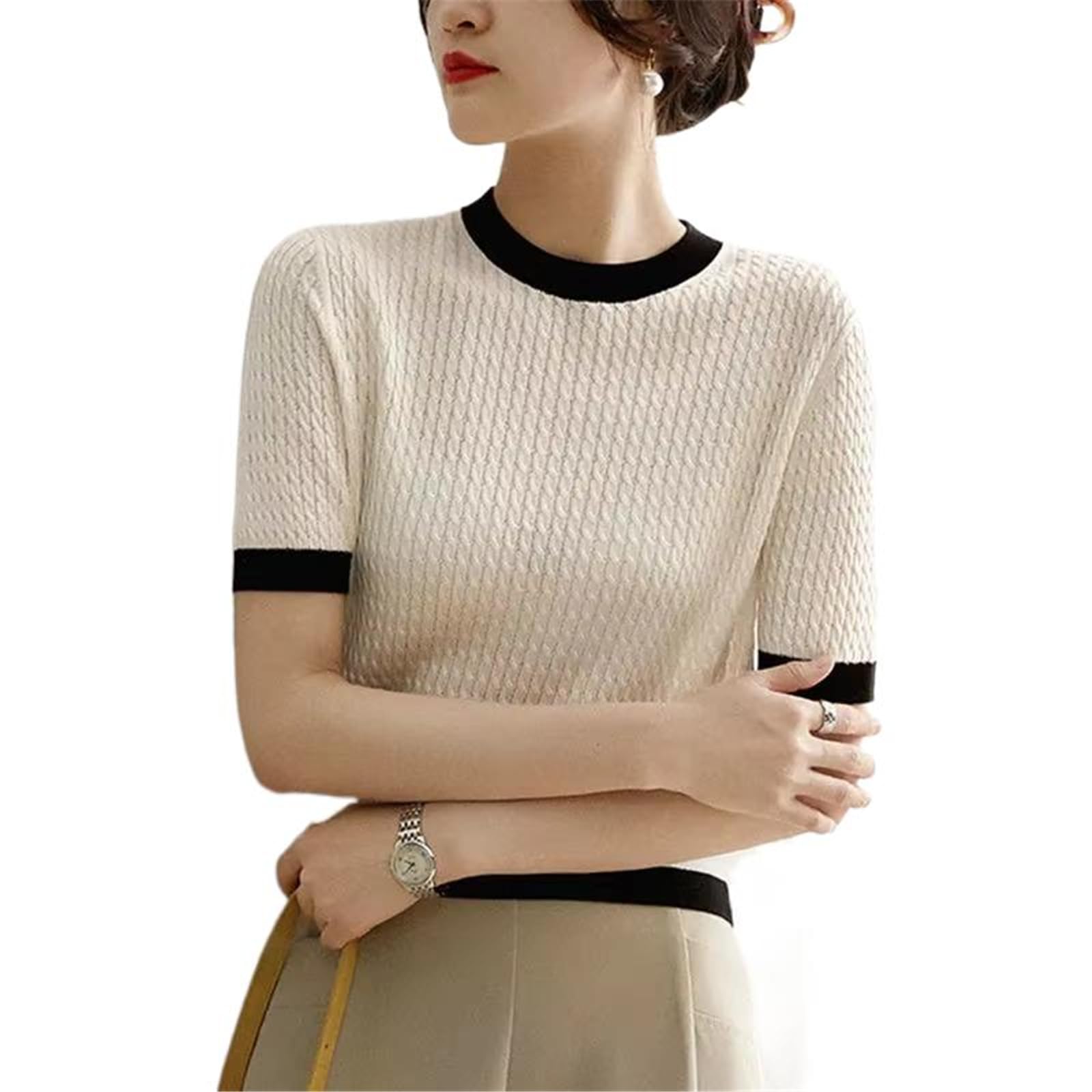 T-Shirt a Maglia Casual Donna, Top Morbido Collo Alto per Vacanze Estive
