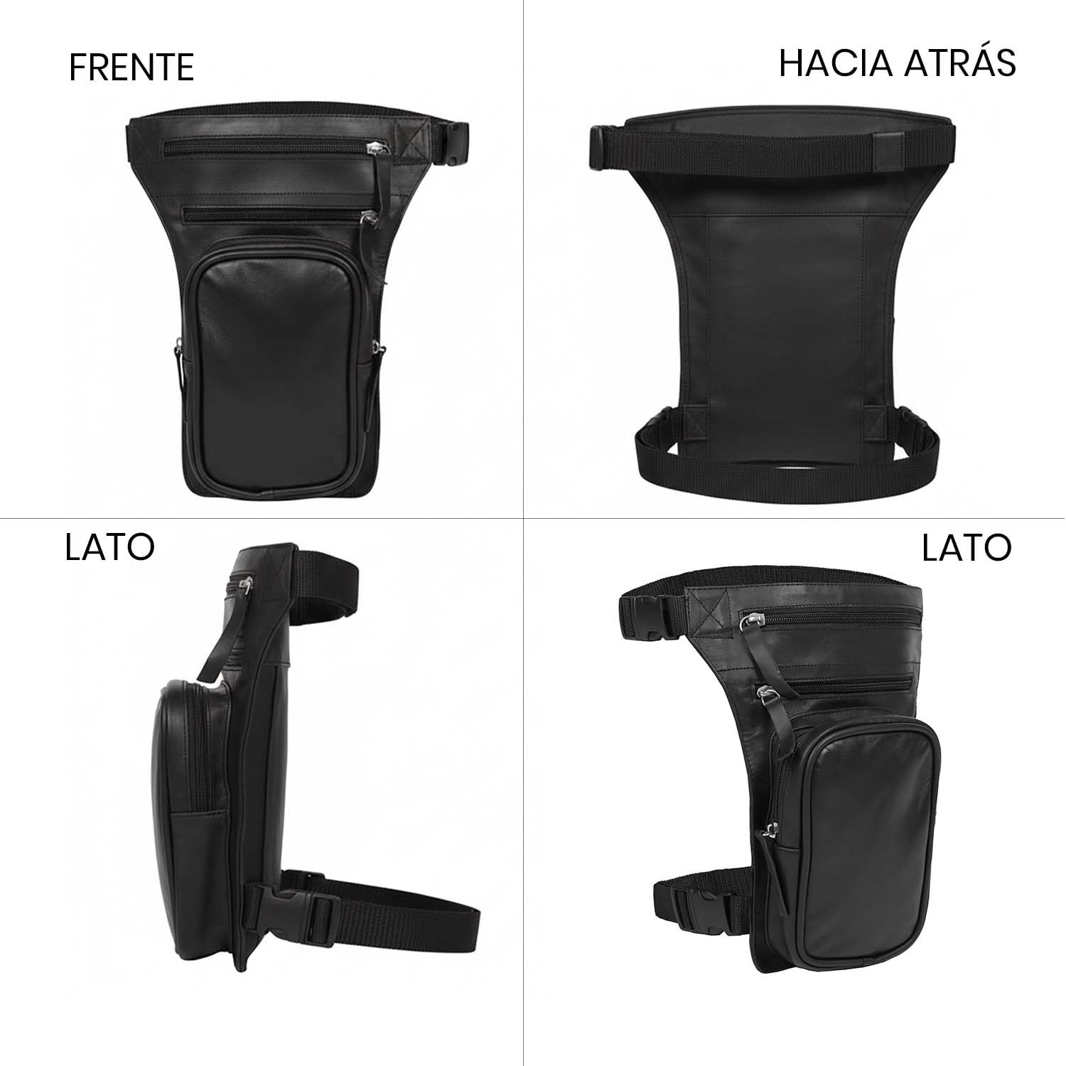 Leatherick Borsa da gamba in pelle - Pelle bovina anilina con cinghie regolabili, design multitasche e chiusure con cerniera
