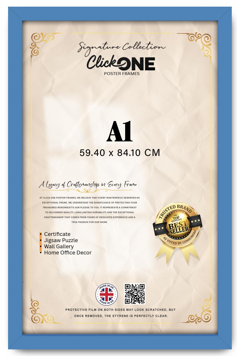 Click One A1 MDF Flat Edge Wall Frame 59.4 x 84.1 cm with 30mm Border, Perspex Front, Wall Hanging for Portrait and Landscape Use (Blue)