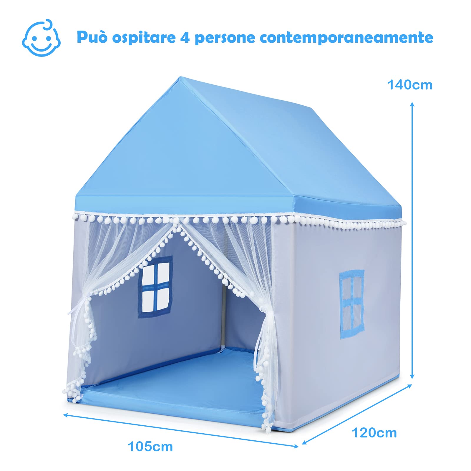 GYMAX Tenda per Bambini, Castello Giocattolo con Materasso Lavabile e Struttura in Legno Massello, Casetta per Bambini da Interno ed Esterno, Regalo di Compleanno o Natale (Blu)