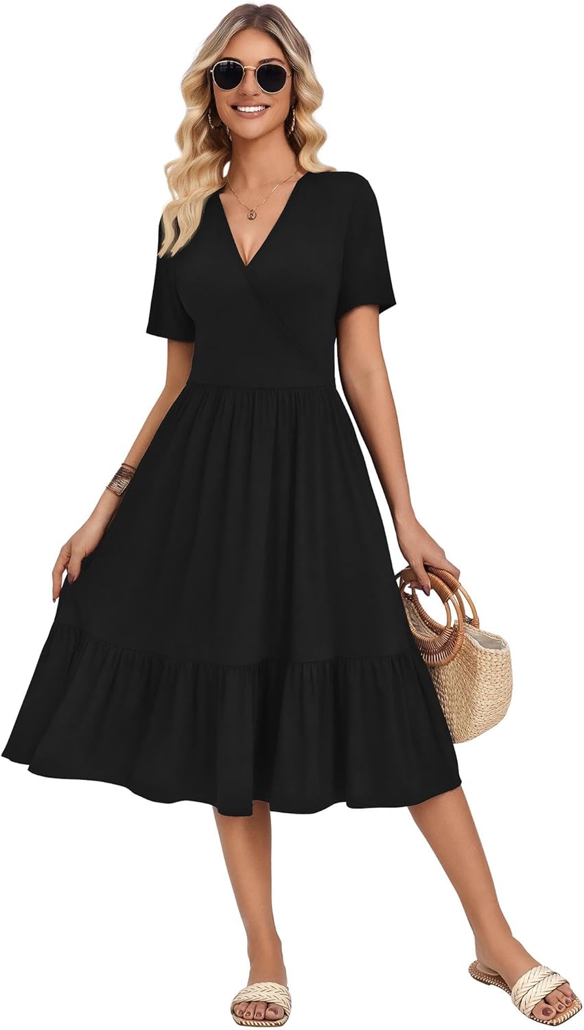 Zeagoo Womens Summer Warp V-Neck Casual Dresses Short Sleeve Midi Floral Dress with Pockets Tiered Flowy A Line Sundress - Image 2