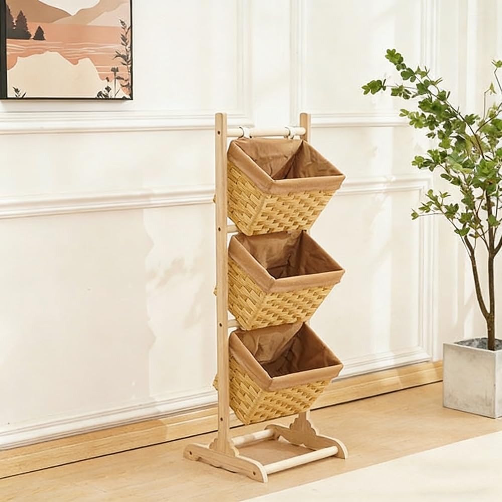 Folding Laundry Basket Household Storage 3-tier hanging with wooden frame,modern freestanding hanging,multifunctional shelves