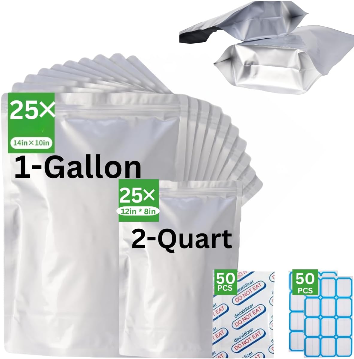 "50 pcs 1- Gallon (10"X14") + 2- quart (8"X12") Mylar Bags with Oxygen Absorbers (500cc) for Food Storage – Durable Mylar Bags for Long-Term Food Preservation, Ideal for Dry Goods, Grains"