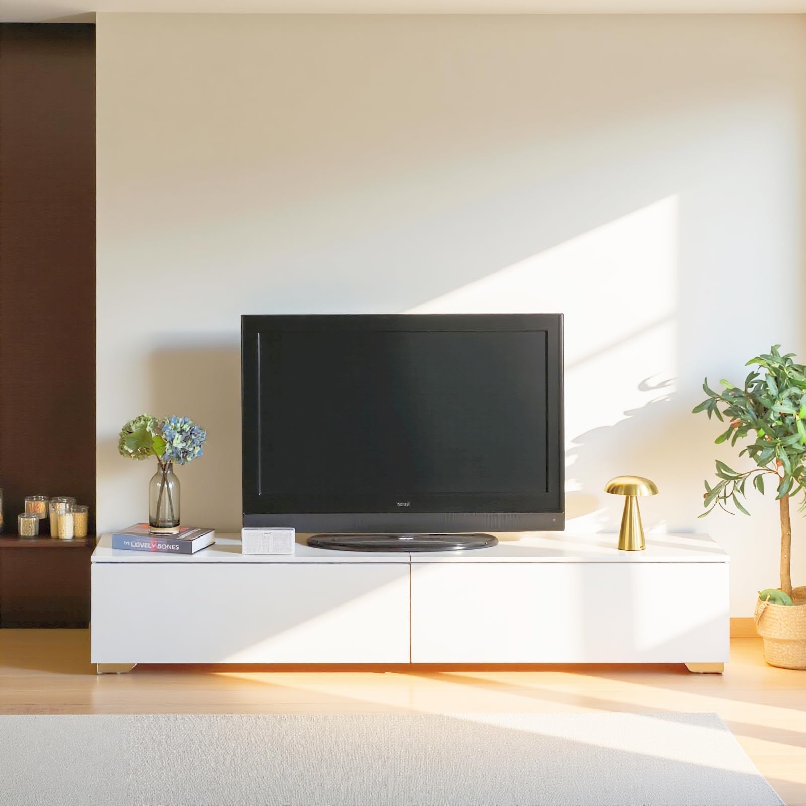 Mueble de TV Moderno Suspendido o Con Pie de 180 cm, Madera Blanca Con Almacenamiento, Para Salón