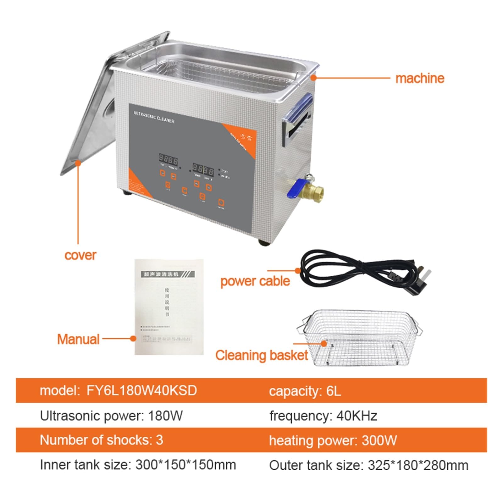 Limpiador ultrasónico, Limpiador Ultrasónico Digital De 6L Y 180W, Baño Calentado For Disco Vinilo, Inyector Carburador, Motor Piezas Automóvil Latón(6L 180W)