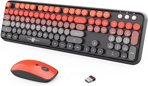 Miniatura 19 de Teclado y ratón inalámbricos, teclas redondas estilo máquina de escribir retro de 2.4GHz, combo de teclado y ratón inalámbrico de tamaño completo,