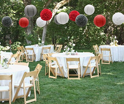Image of KAXIXI 15-Pack Red-White-Gray Party Decorations, Paper Lanterns & Pom Poms