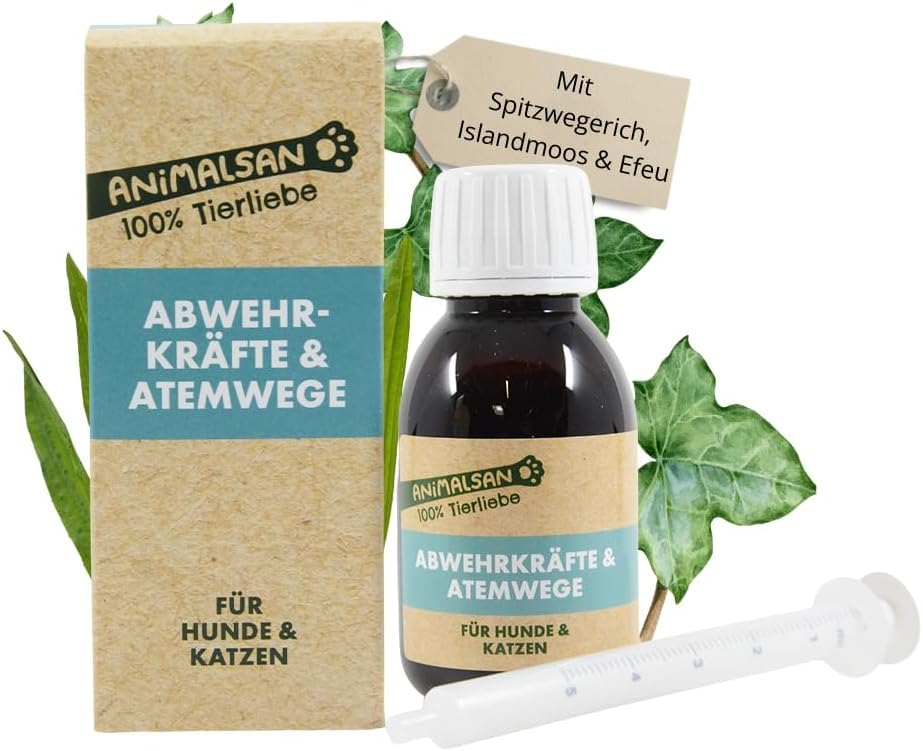 Animalsan Atemwege & Abwehrkräfte flüssiges Ergänzungsfuttermittel für Hunde & Katzen mit Spitzwegerich Efeu & Isländisch Moos kann Atemwege Husten & Immunsystem unterstützen 100 ml
