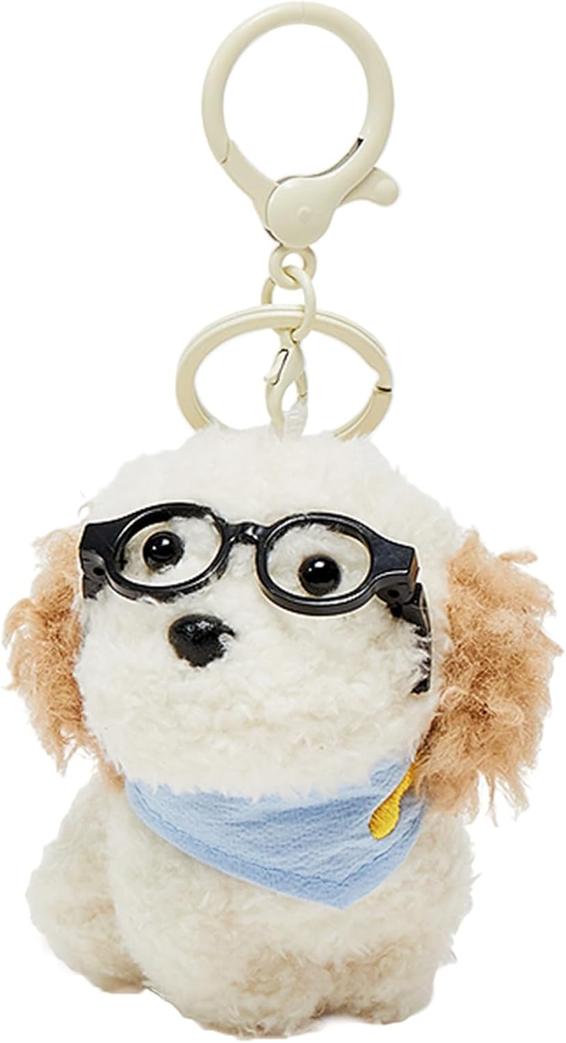 Plush Dog with Glasses Keychain – Funny Animal Keyring Charm for Women | Car Key Handbag Backpack Decor Gift