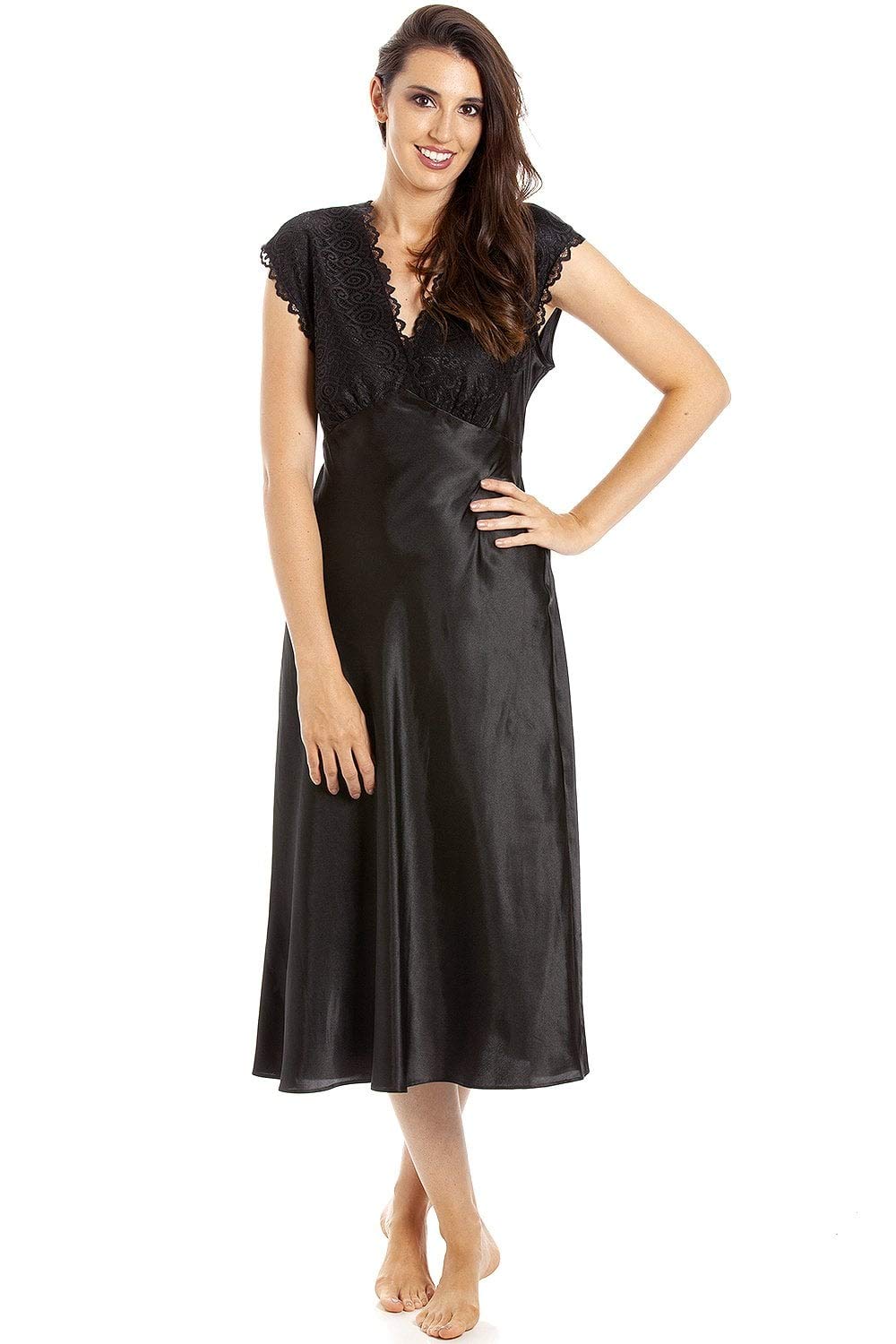 Camille Womens Luxury Satin Long Chemise - Ladies Sleeveless Lightweight Lace Nightdress - Comfotable & Breathable Summer Nightwear Black 14-16
