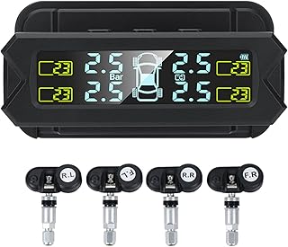 yeacher Sistema de monitoramento da pressão dos pneus, TPMS de energia solar sem fio com 5 modos de alarme, display LCD com luz de fundo automática, 4 sensores 0-67 PSI