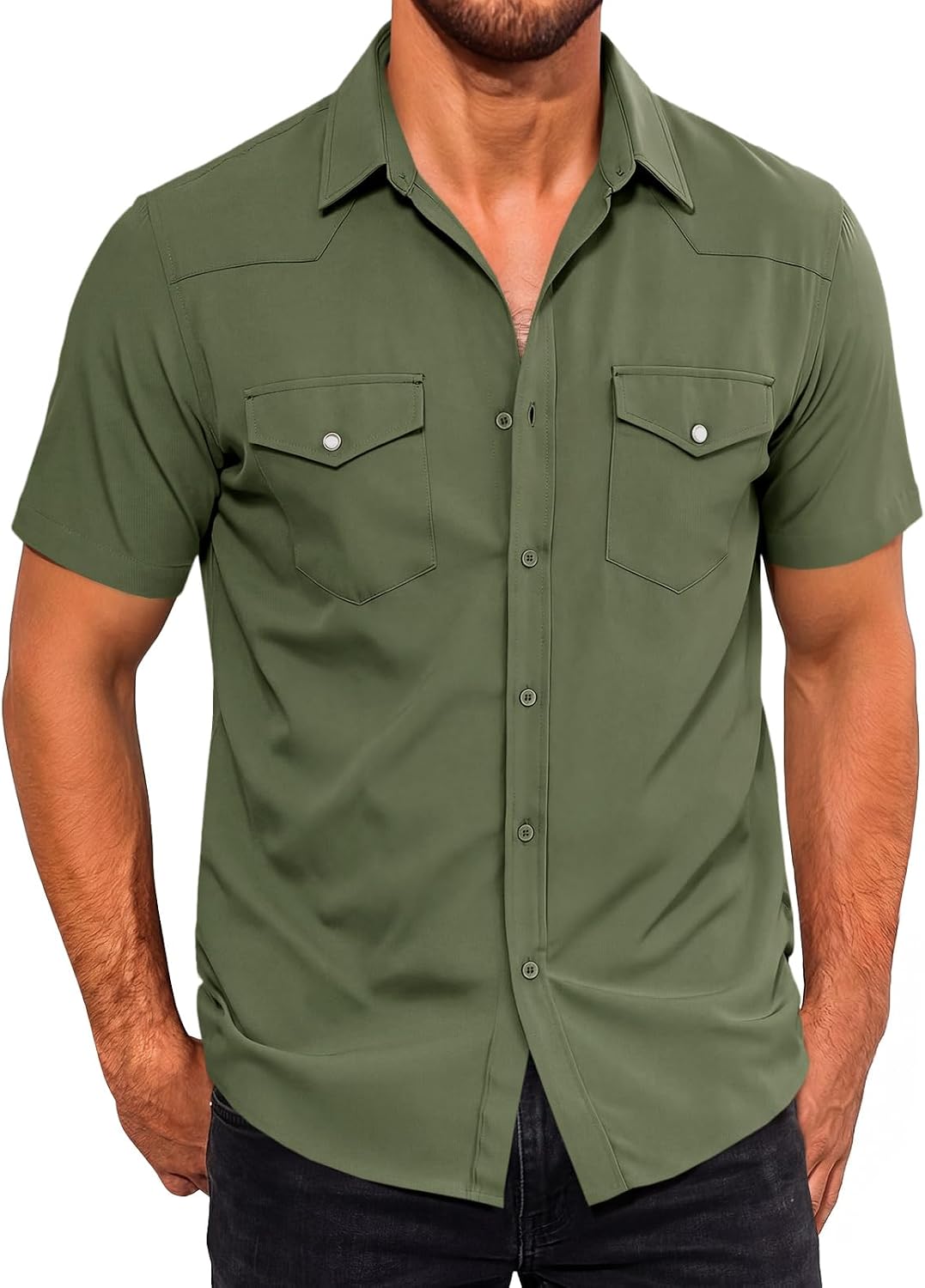 Runcati Mens Short Sleeve Linen Button Down Shirt Work Western Cowboy Tops | Summer Casual Shirt, Beach Vacation Tops, Chest Pockets
