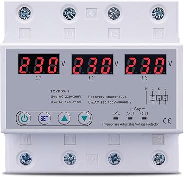 RWRAPS Three Phase Voltmeter Adjustable Over and Under Voltage Protector 3 Phase Automatic Recovery Protective Device Reset 63A 380V
