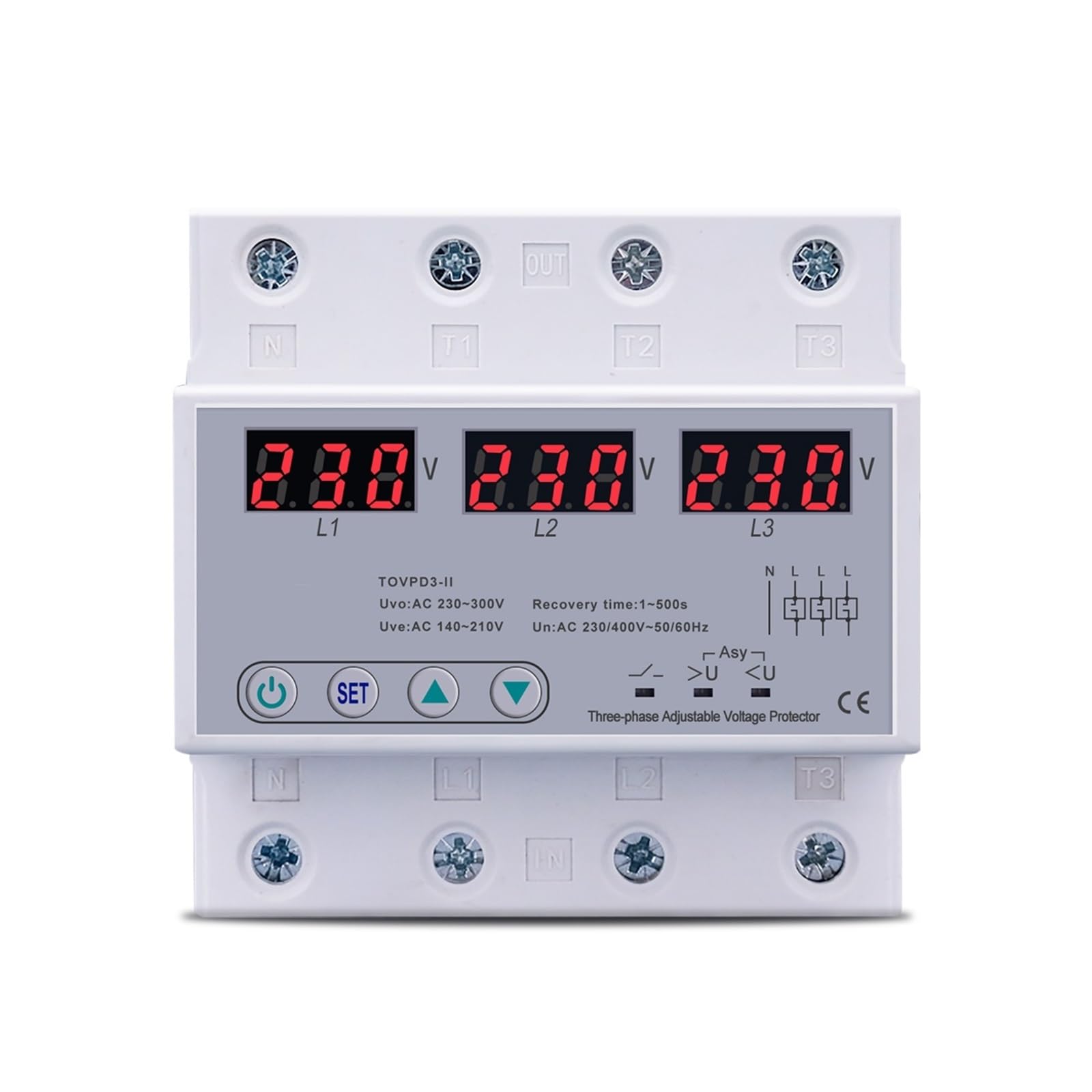 RWRAPS Protector de Voltaje Voltímetro trifásico Ajustable Protector de sobrevoltaje y bajo Voltaje Dispositivo de protección de recuperación automática trifásico reinicio 63A 380V