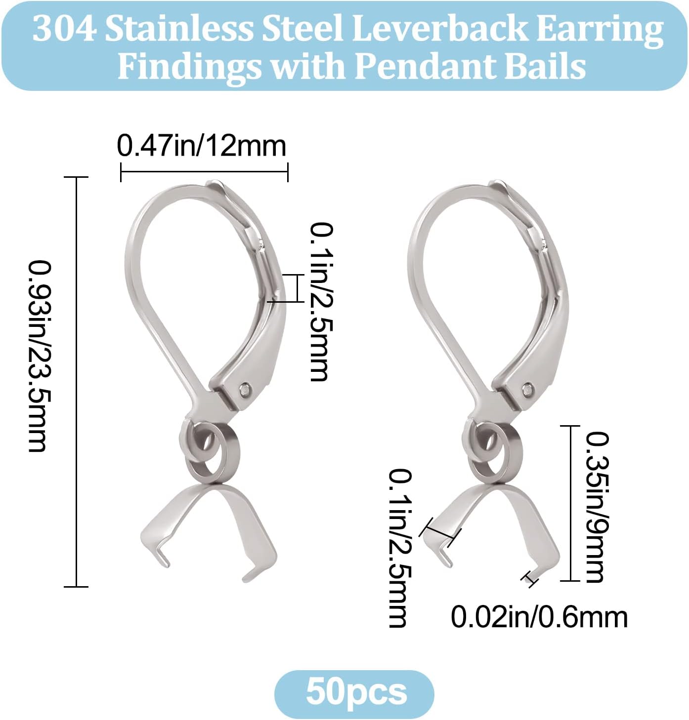 Beebeecraft 1 Box 50Pcs French Earring Hooks Stainless Steel Leverback Earring Findings with Pendant Bails Silver Earring Supplies for Jewelry Making - Image 2
