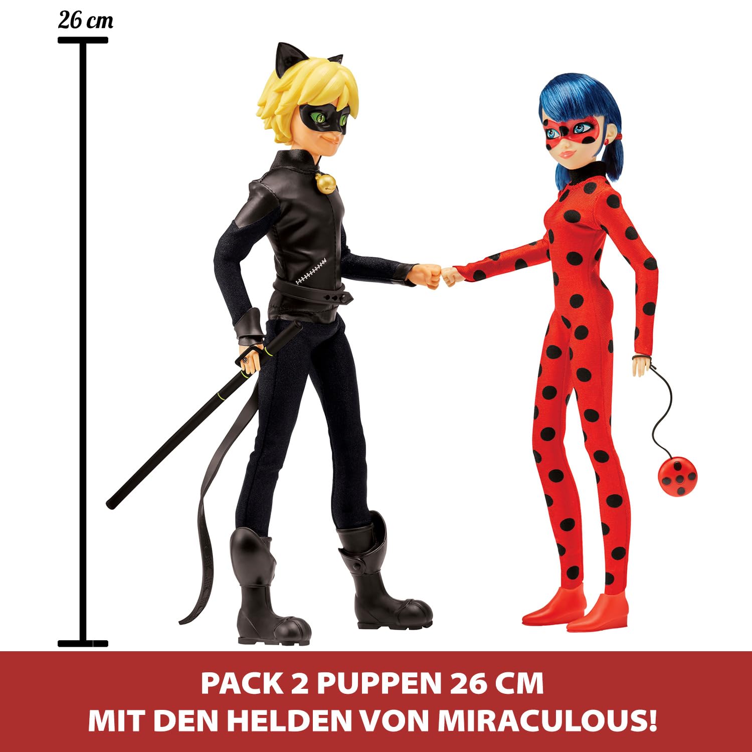 BANDAI - Miraculous Ladybug - Pack mit 2 26 cm Gelenkpuppen - Schatulle Ladybug und Cat Noir - Miraculous Spielzeug Puppe - Kinderspielzeug ab 4 Jahren - P50365