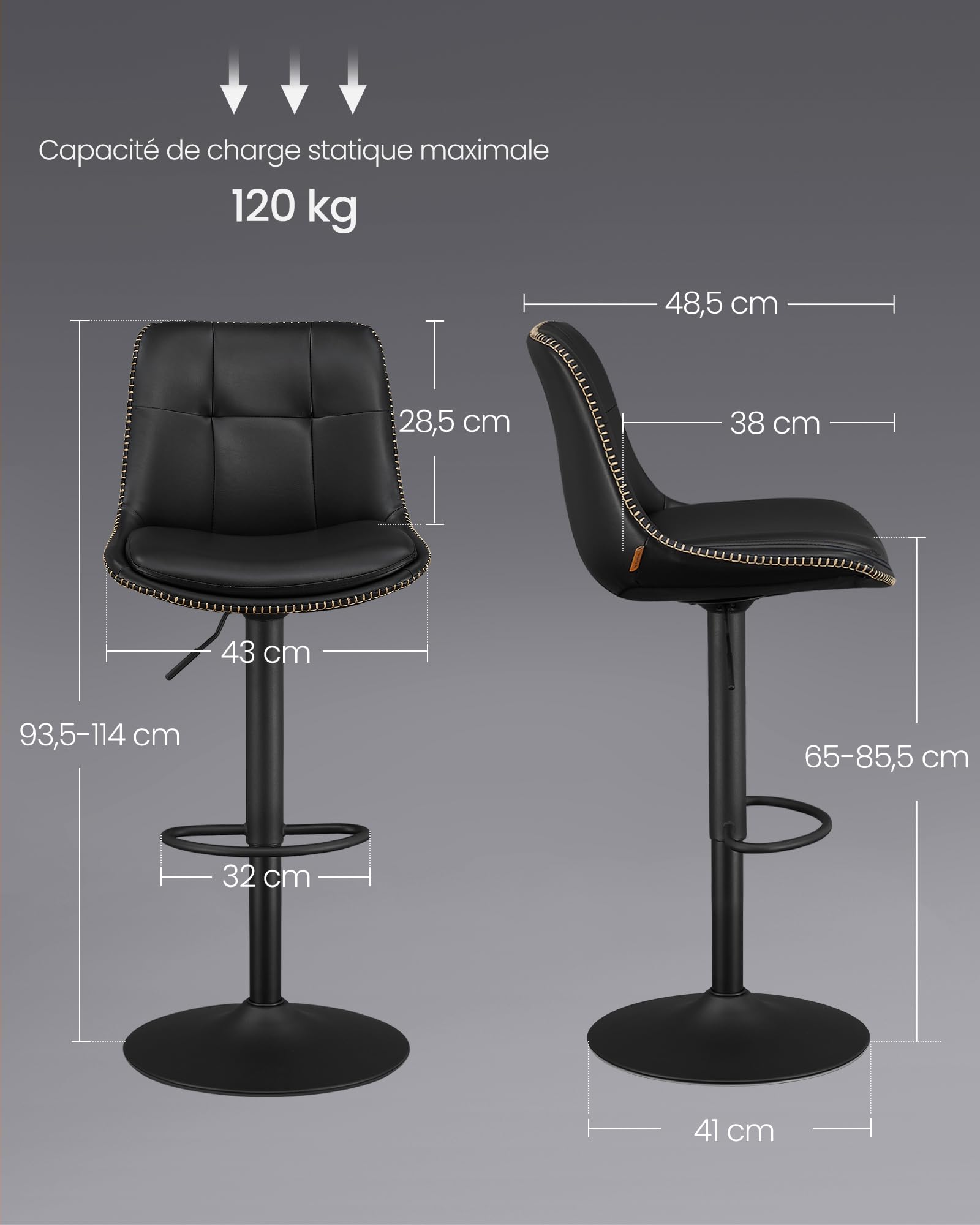 VASAGLE Tabourets de Bar, Lot de 4, Chaise de Cuisine, Siège Pivotant à Hauteur Réglable, Matelassé, en PU, avec Dossier et Repose-Pieds, Salle à Manger, Comptoir, Acier, Noir d'encre LJB295B01