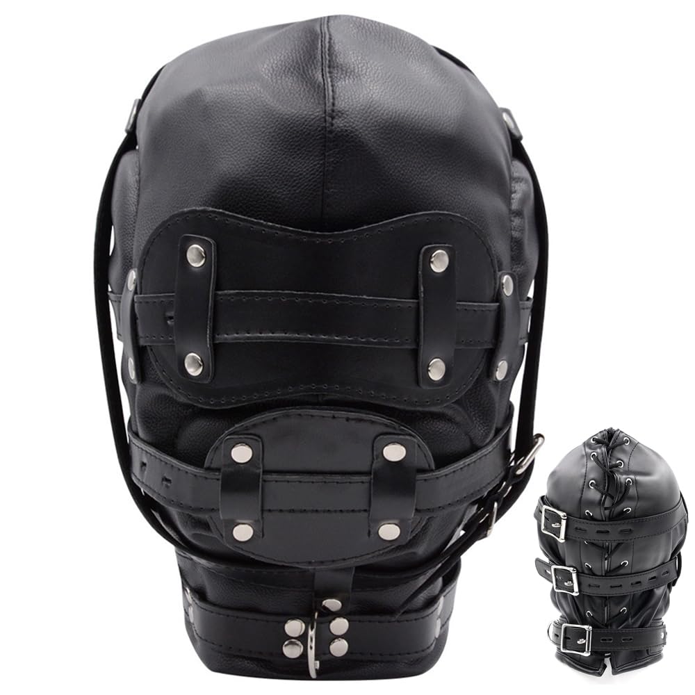 LxPxP Leather bondage hood with dildo mouth gag and eye cover – 3 way adjustable BDSM mask with lock fetish restraint hood with penis plug for intense roleplay