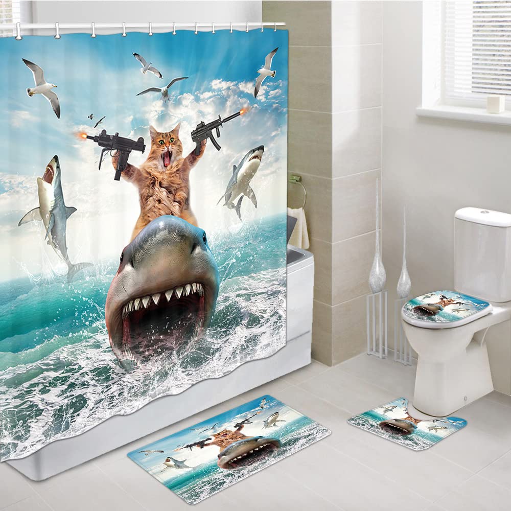 Grtuspr Funny Shower Curtain, Cat Shower Curtains Set with 12 Hooks, Waterproof Cool Shower Curtain Decor, Cat Whale Shark Bathroom Curtain,69X70IN