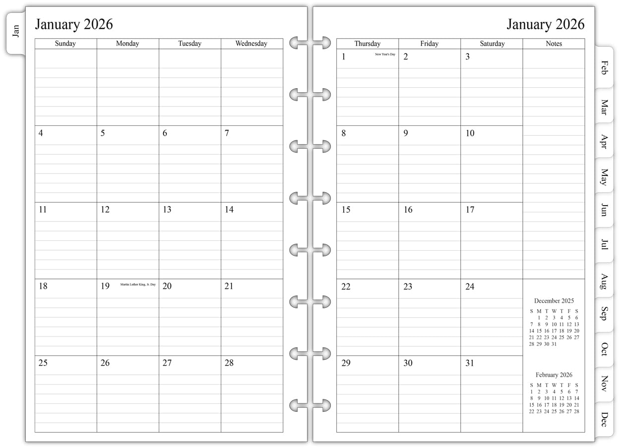newestor 2026 Monthly Planner Refill for 8-Discbound Notebook, Two Pages Per Month, Jan 2026 to Dec 2026, Junior Size 5-1/2"x8-1/2"