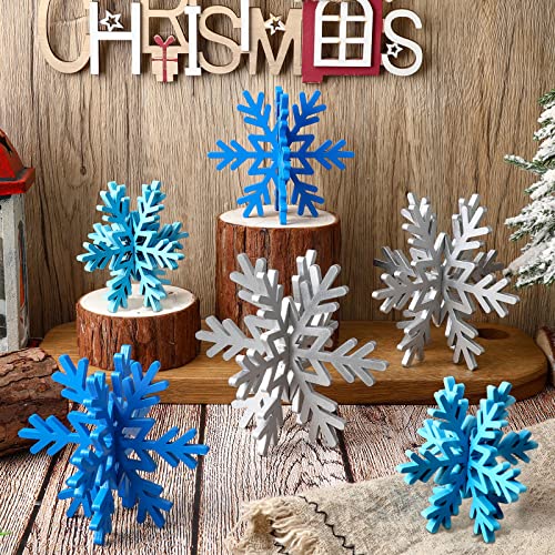 Bucherry 12 Pcs Wooden Snowflake Table Decor 3D Snowflake Tabletop Signs and Centerpiece for Frozen Party Christmas Xmas Winter Wonderland Decorations Home Office Mantel(Silver Dark Blue Light Blue)