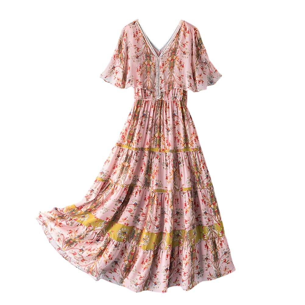 DISSA Damen Seidenkleid Midi ohne Arm V‑Ausschnitt Blumen,J2027