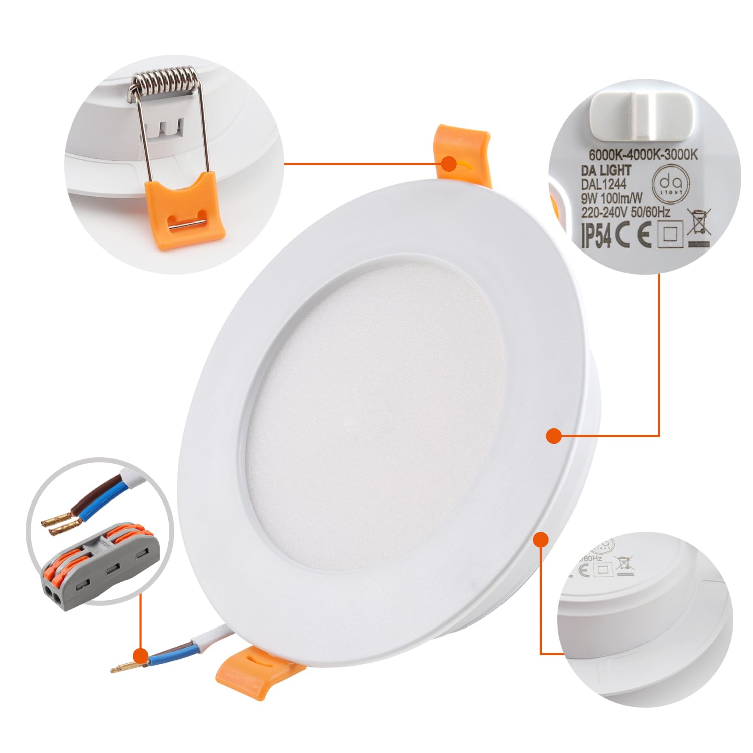 da LIGHT LED Einbaustrahler 230V flach 9W 6er Set, Strahlende Einbauleuchten, Bad Spot 3000/4000/6000K, Deckenstrahler IP54 für Badzimmer Wohnzimmer Küche Schlafzimmer