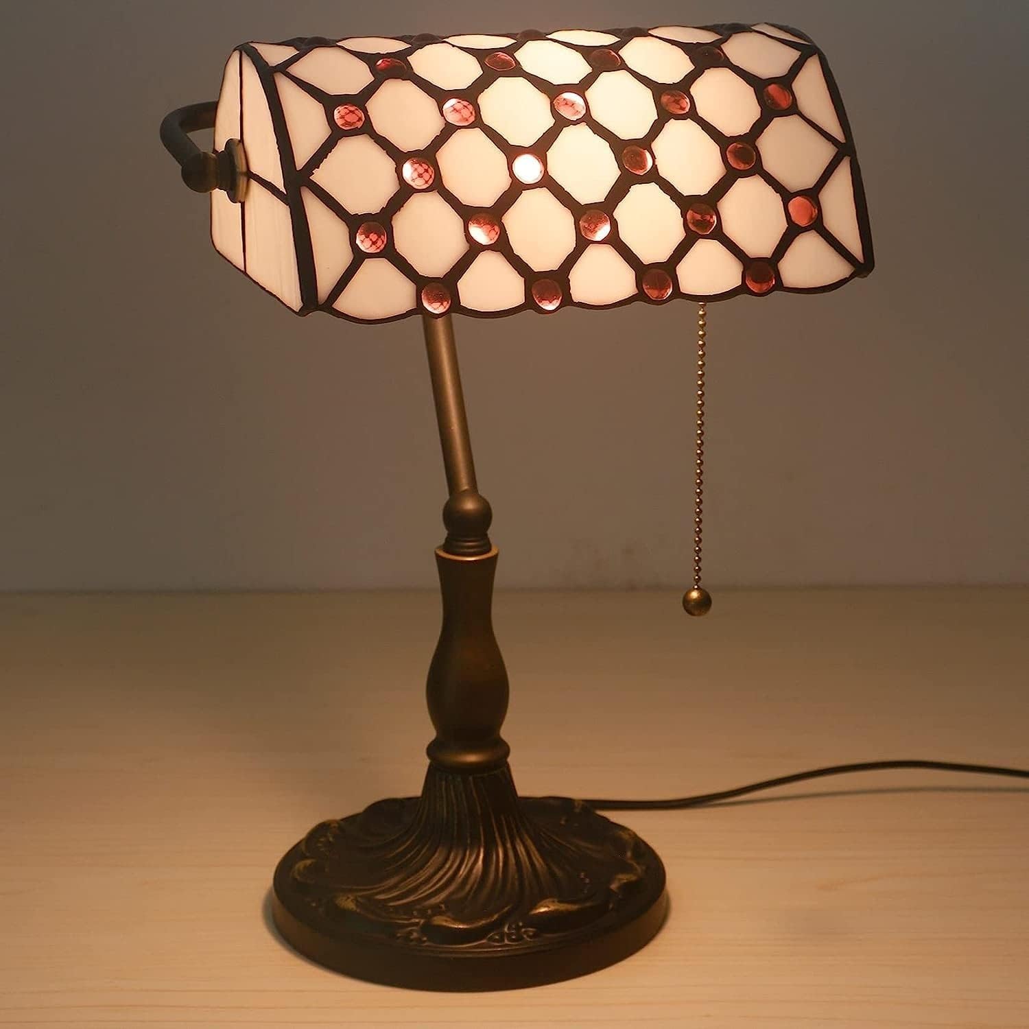 Bankiers Tischlampe, farbige Glaslampe, Kristallperlenschreibtischlampe, Schlafzimmer in der Nacht Leselampe (weißer lila Glasperlenschatten) Innovate