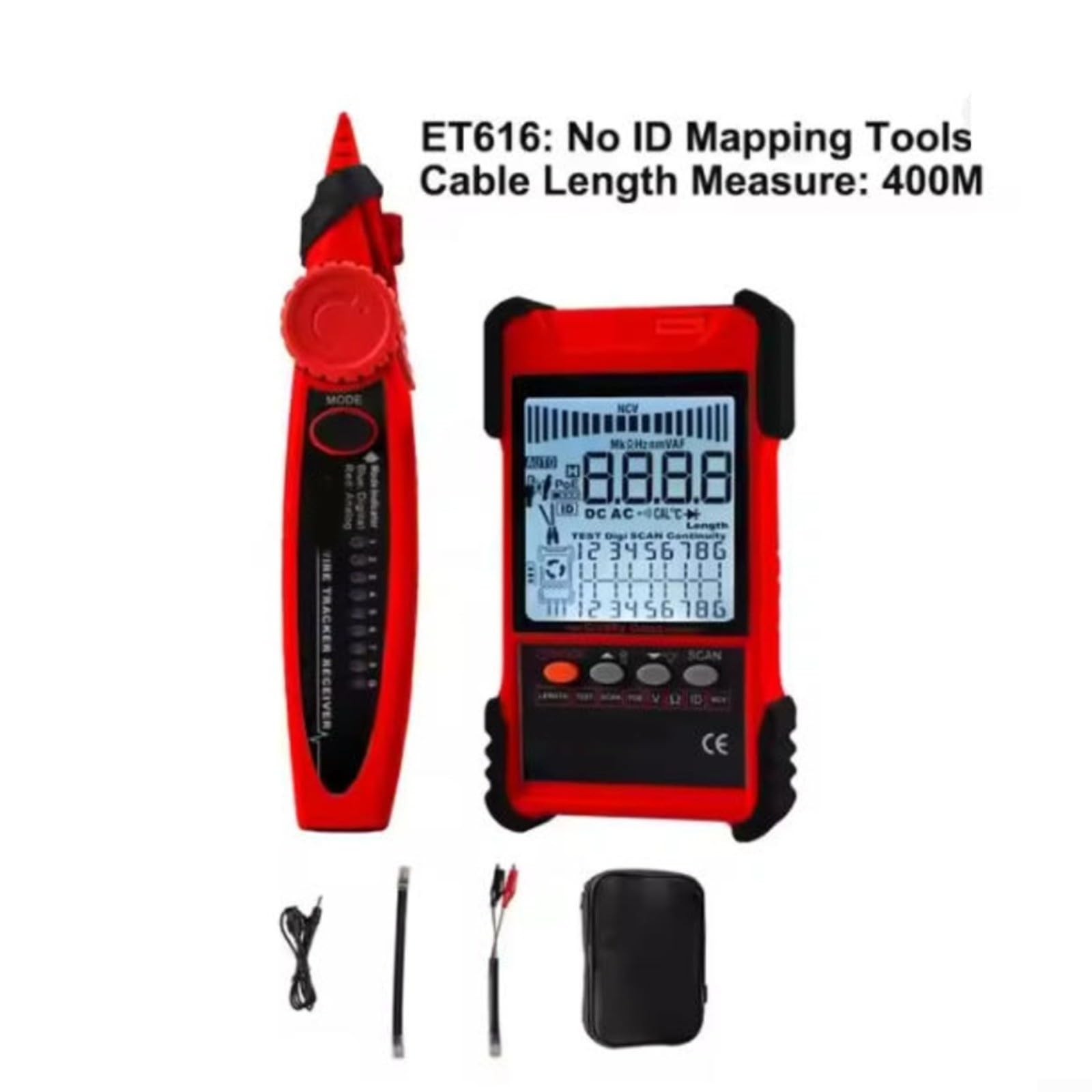 Netzwerk-Kabeltester mit PoE-Prüfung, Digitales Kabelortungsgerät für LAN/Telefon/BNC, Kabellängenmessung bis 600m, Rauschfreie Technologie, Modell ET616/ET618(ET616)