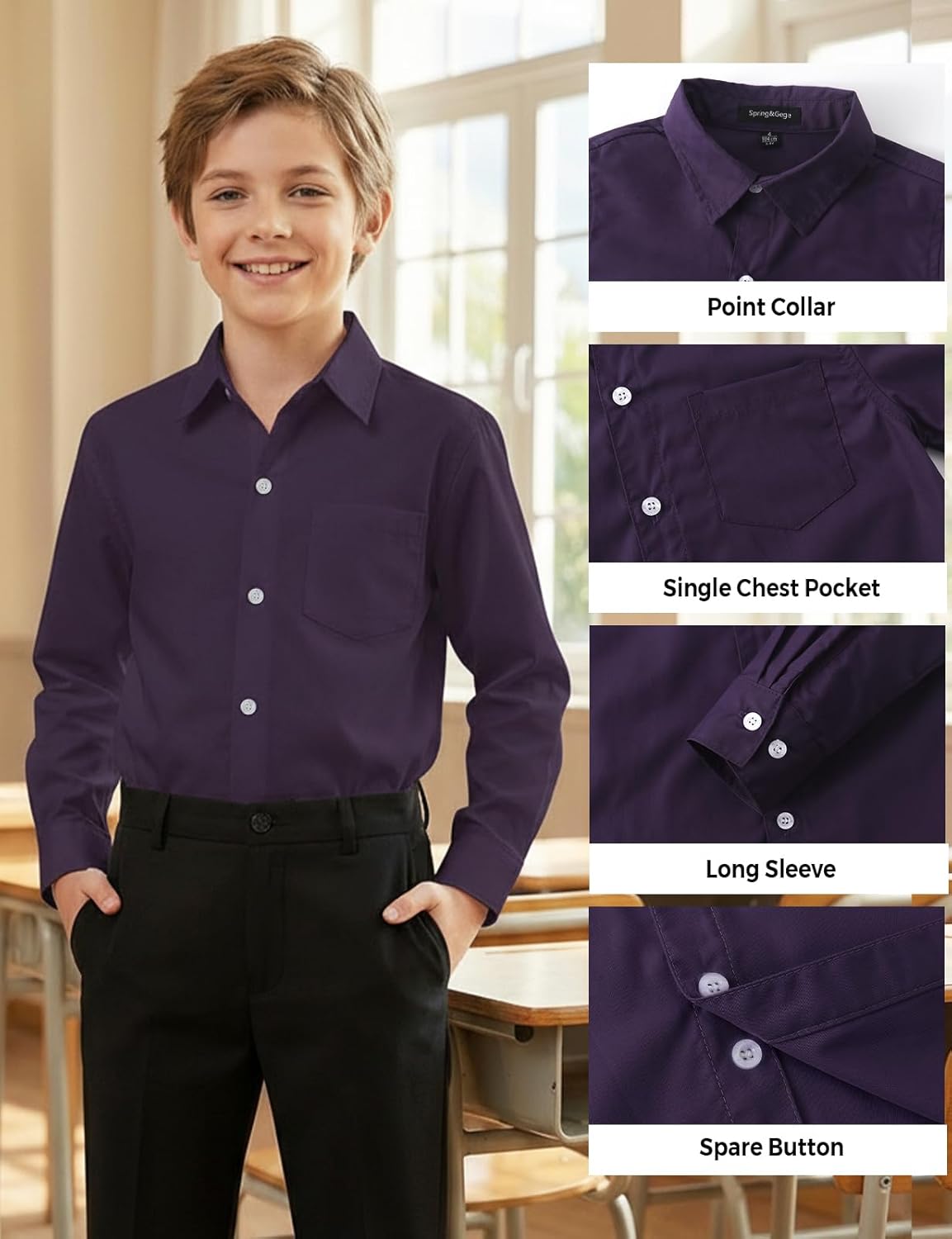 Spring&Gege Boys' Long Sleeve Dress Shirts Formal for Kids School Uniform Button Down Shirt (Regular Fit & Husky) - Image 6