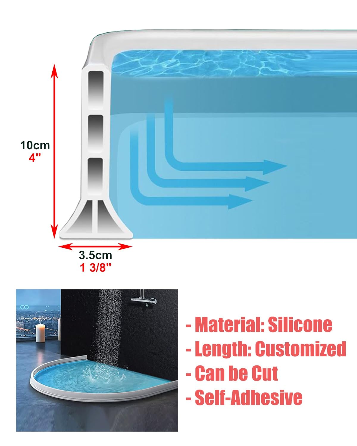 Schwallschutzleiste Dusche Lange Dusch-Wassersperre 10cm flexiblem Silikon