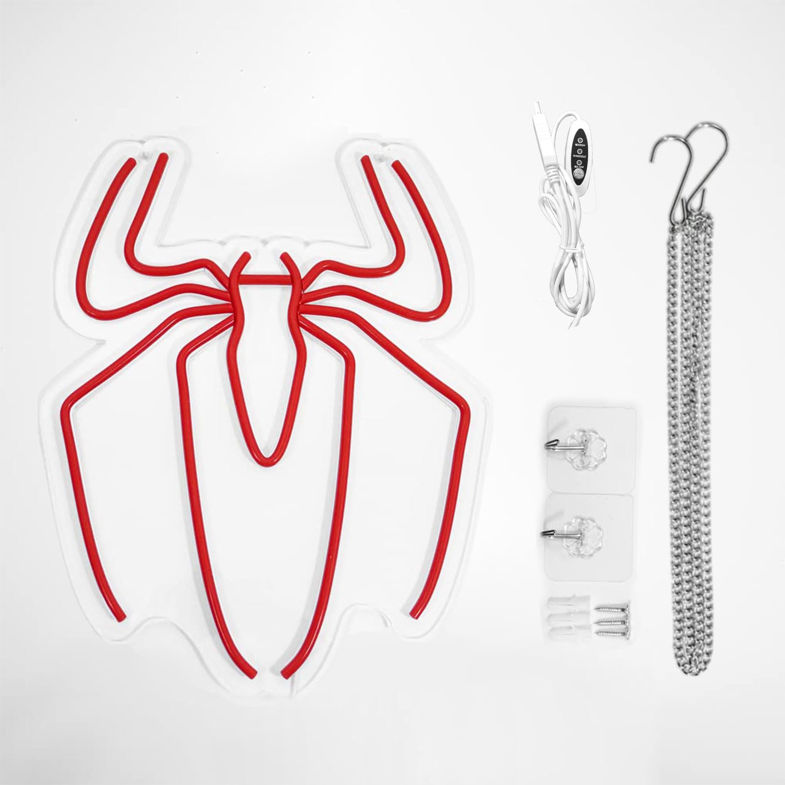 Spiderman Room Decor Neon Sign - 3 Brightness Adjustments USB Powered Cute Spider Lamp for Boys Bedroom Wall Night Light, Happy Birthday Gift for Kids, Halloween Decoration (Red)