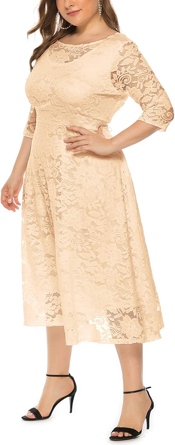 Eternatastic Womens Floral lace Plus Size Midi Dress Scooped Neckline Cocktail Party Dresses - Image 3