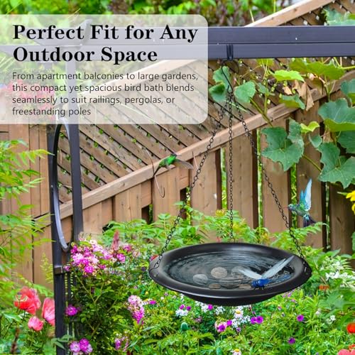 Image of 11.5 Inch Matte Black Metal Hanging Outdoor Bird Bath Bowl | Comes with 15.5 in rust-proof chains & magnetic dragonfly, weather-resistant decor for garden & backyard