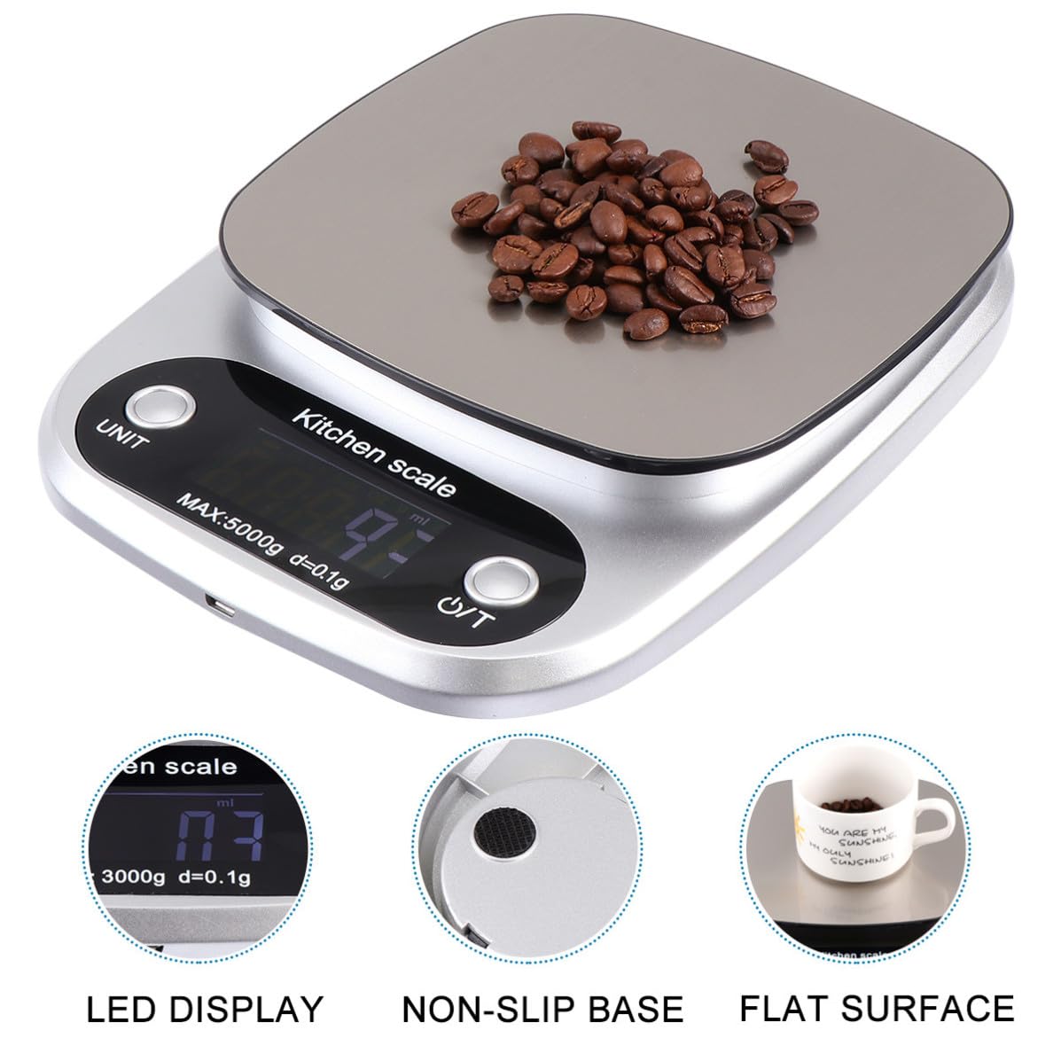 Báscula Digital Pantalla Lcd de Cocina de Acero Inoxidable Recargable Capacidad de 5kg y Precisión de 0,1g para Uso en Cocina y Repostería