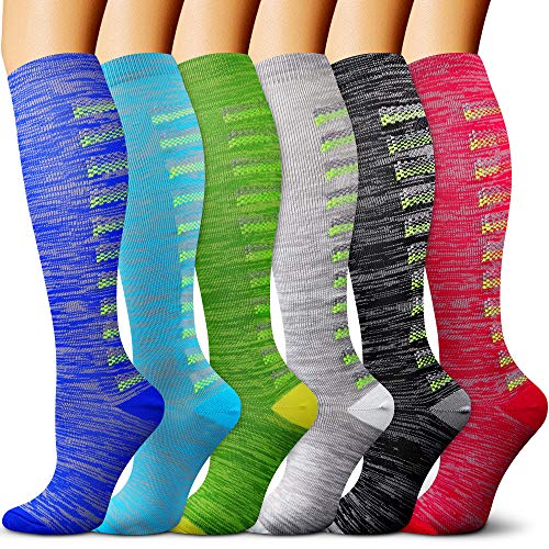 Compression Socks for Men & Women (1/3/6 Pairs),15-20mmHg Best for Running,Sport,Nurse,Travel,Cycling (L/XL(US Women 8-15.5/US Men 8-14), 04 Green/Pink/Gray/Blue/Blue/Gray)
