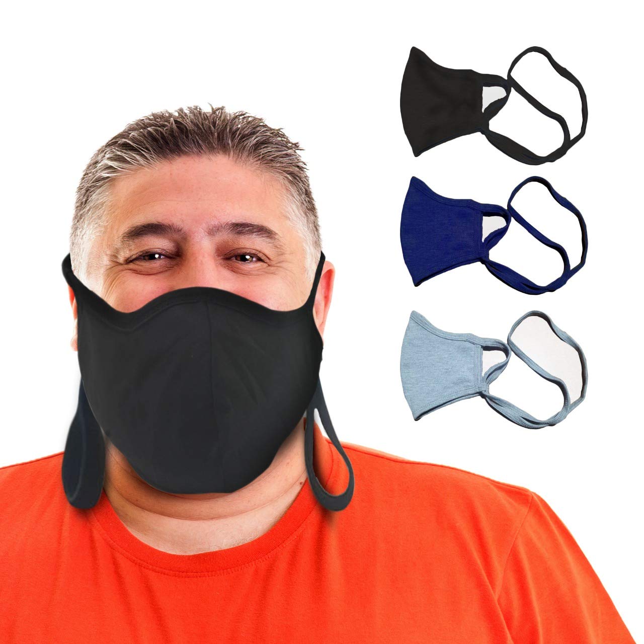 BLU HORN Cotton Breathable Face Mask - Dual Layer Reusable Full Face Mask for Men & Women with Adjustable Loops & Lanyard - Black, Blue, Gray, X-Large (3 Pack)