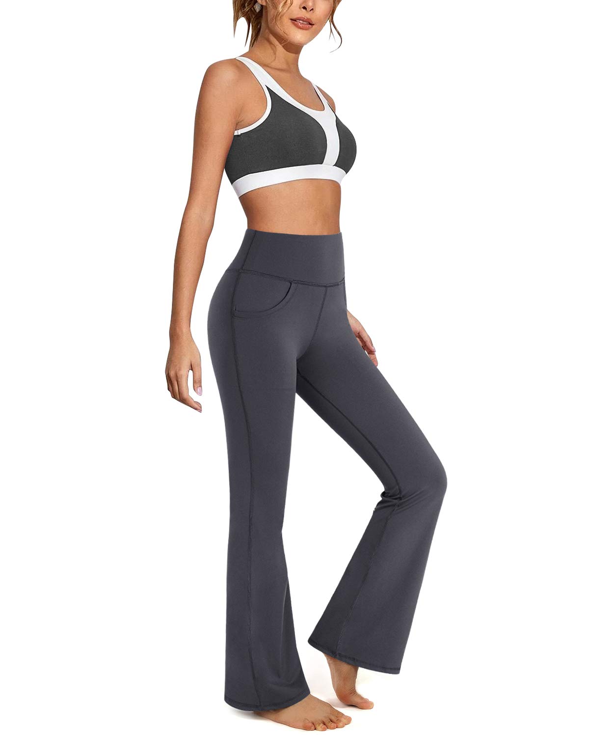 Promover Pantalon de Yoga Femme Stretch Taille Haute Leggings Sport pour Femmes Long Bootcut Flared Confortable(Gris,XXL,Taille Normale)