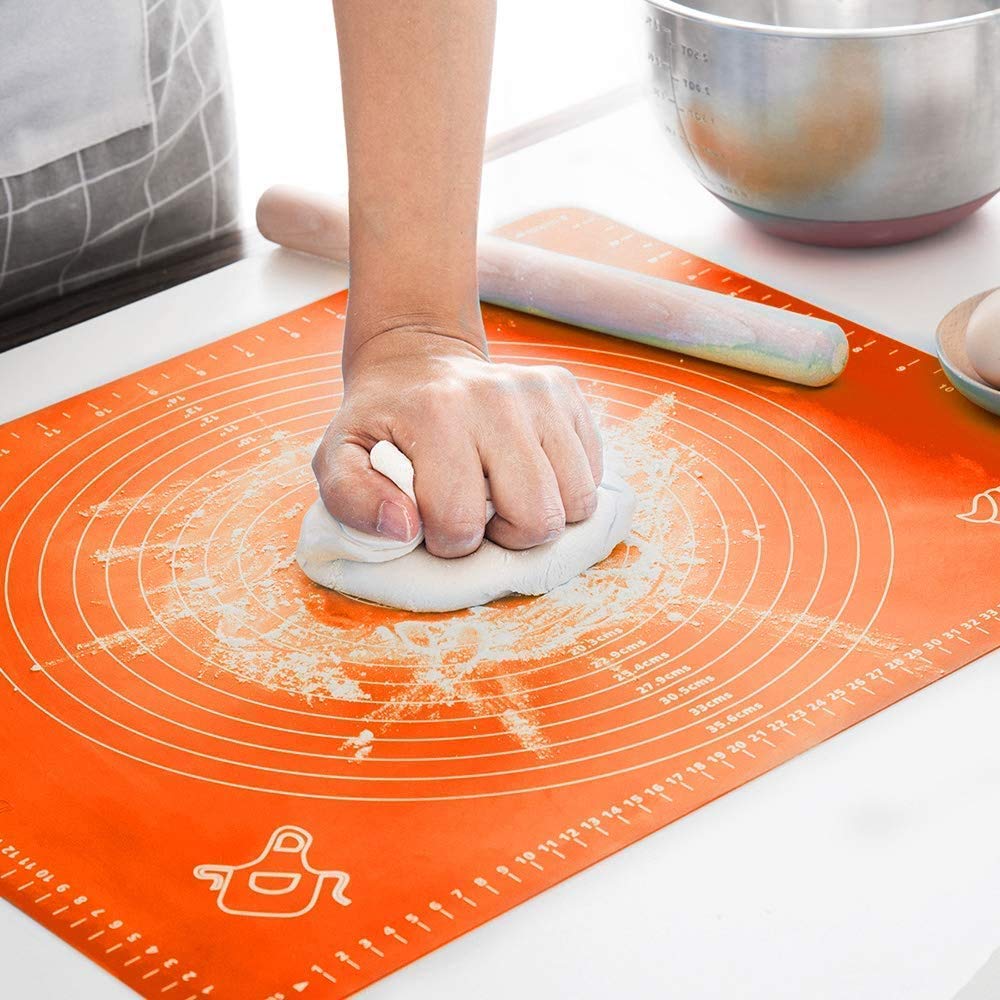 Lukzer 1Pc Silicone Fondant Rolling Mat Non-Stick Baking Sheet Stretchable with Measurements for Kitchen Dough Kneading Roti Making Mat (Orange/50x40cm)